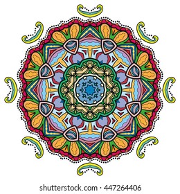Mandala flower decoration, oriental pattern, isolated design element. Zentangle style decor for coloring book page. Vector geometric floral background. Tribal ethnic arabic, indian, turkish ornament