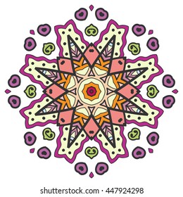 Mandala flower decoration, oriental pattern, isolated design element. Zentangle style decor for coloring book page. Vector geometric floral background. Tribal ethnic arabic, indian, turkish ornament