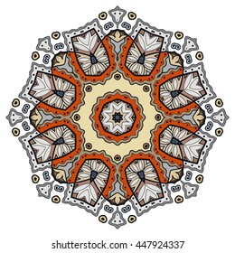 Mandala flower decoration, oriental pattern, isolated design element. Zentangle style decor for coloring book page. Vector geometric floral background. Tribal ethnic arabic, indian, turkish ornament
