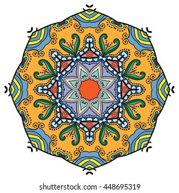 Mandala flower decoration, oriental pattern, isolated design element. Zentangle style decor for coloring book page. Vector geometric floral background. Tribal ethnic arabic, indian, turkish ornament
