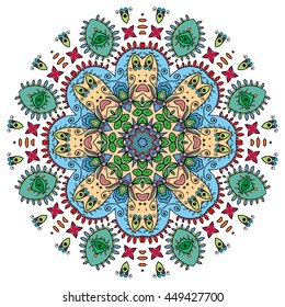 Mandala flower decoration, oriental pattern, isolated design element. Zentangle style decor for coloring book page. Vector geometric floral background. Tribal ethnic arabic, indian, turkish ornament