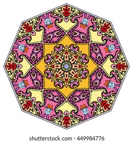 Mandala flower decoration, oriental pattern, isolated design element. Zentangle style decor for coloring book page. Vector geometric floral background. Tribal ethnic arabic, indian, turkish ornament