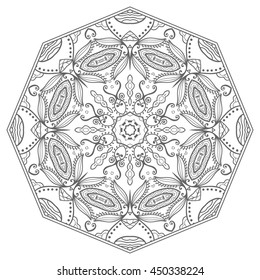 Mandala flower decoration, oriental pattern, isolated design element. Zentangle style decor for coloring book page. Tribal ethnic floral mandala round ornament. Black and white geometric background