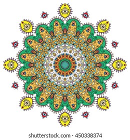 Mandala flower decoration, oriental pattern, isolated design element. Zentangle style decor for coloring book page. Vector geometric floral background. Tribal ethnic arabic, indian, turkish ornament