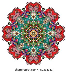 Mandala flower decoration, oriental pattern, isolated design element. Zentangle style decor for coloring book page. Vector geometric floral background. Tribal ethnic arabic, indian, turkish ornament