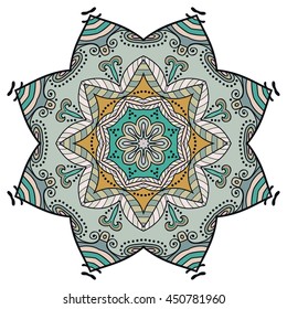Mandala flower decoration, oriental pattern, isolated design element. Zentangle style decor for coloring book page. Vector geometric floral background. Tribal ethnic arabic, indian, turkish ornament