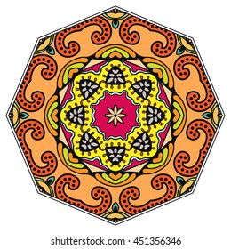 Mandala flower decoration, oriental pattern, isolated design element. Zentangle style decor for coloring book page. Vector geometric floral background. Tribal ethnic arabic, indian, turkish ornament