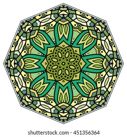 Mandala flower decoration, oriental pattern, isolated design element. Zentangle style decor for coloring book page. Vector geometric floral background. Tribal ethnic arabic, indian, turkish ornament