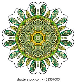 Mandala flower decoration, oriental pattern, isolated design element. Zentangle style decor for coloring book page. Vector geometric floral background. Tribal ethnic arabic, indian, turkish ornament