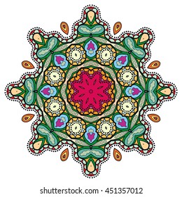 Mandala flower decoration, oriental pattern, isolated design element. Zentangle style decor for coloring book page. Vector geometric floral background. Tribal ethnic arabic, indian, turkish ornament