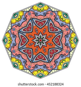Mandala flower decoration, oriental pattern, isolated design element. Zentangle style decor for coloring book page. Vector geometric floral background. Tribal ethnic arabic, indian, turkish ornament