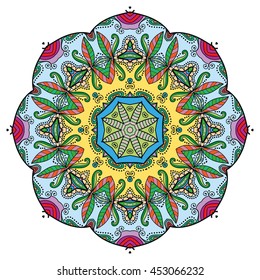 Mandala flower decoration, oriental pattern, isolated design element. Zentangle style decor for coloring book page. Vector geometric floral background. Tribal ethnic arabic, indian, turkish ornament