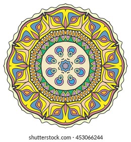 Mandala flower decoration, oriental pattern, isolated design element. Zentangle style decor for coloring book page. Vector geometric floral background. Tribal ethnic arabic, indian, turkish ornament