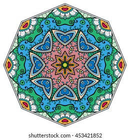 Mandala flower decoration, oriental pattern, isolated design element. Zentangle style decor for coloring book page. Vector geometric floral background. Tribal ethnic arabic, indian, turkish ornament