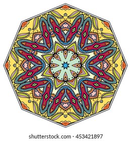 Mandala flower decoration, oriental pattern, isolated design element. Zentangle style decor for coloring book page. Vector geometric floral background. Tribal ethnic arabic, indian, turkish ornament