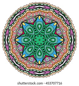 Mandala flower decoration, oriental pattern, isolated design element. Zentangle style decor for coloring book page. Vector geometric floral background. Tribal ethnic arabic, indian, turkish ornament