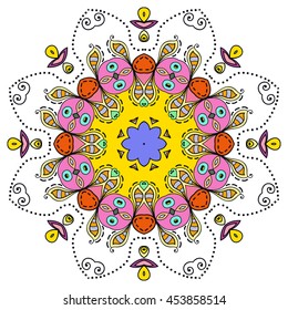 Mandala flower decoration, oriental pattern, isolated design element. Zentangle style decor for coloring book page. Vector geometric floral background. Tribal ethnic arabic, indian, turkish ornament