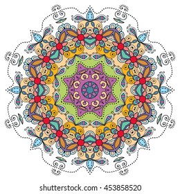 Mandala flower decoration, oriental pattern, isolated design element. Zentangle style decor for coloring book page. Vector geometric floral background. Tribal ethnic arabic, indian, turkish ornament