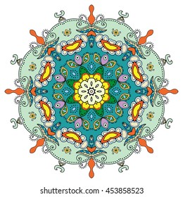 Mandala flower decoration, oriental pattern, isolated design element. Zentangle style decor for coloring book page. Vector geometric floral background. Tribal ethnic arabic, indian, turkish ornament