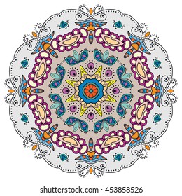 Mandala flower decoration, oriental pattern, isolated design element. Zentangle style decor for coloring book page. Vector geometric floral background. Tribal ethnic arabic, indian, turkish ornament