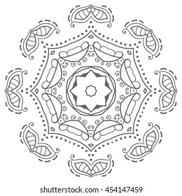 Mandala flower decoration, oriental pattern, isolated design element. Zentangle style decor for coloring book page. Tribal ethnic floral mandala round ornament. Black and white geometric background