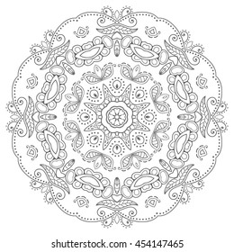 Mandala flower decoration, oriental pattern, isolated design element. Zentangle style decor for coloring book page. Tribal ethnic floral mandala round ornament. Black and white geometric background