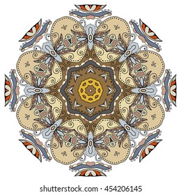 Mandala flower decoration, oriental pattern, isolated design element. Zentangle style decor for coloring book page. Vector geometric floral background. Tribal ethnic arabic, indian, turkish ornament