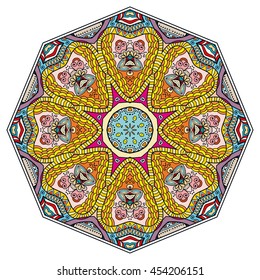 Mandala flower decoration, oriental pattern, isolated design element. Zentangle style decor for coloring book page. Vector geometric floral background. Tribal ethnic arabic, indian, turkish ornament