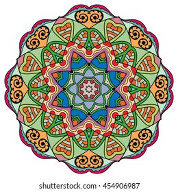 Mandala flower decoration, oriental pattern, isolated design element. Zentangle style decor for coloring book page. Vector geometric floral background. Tribal ethnic arabic, indian, turkish ornament
