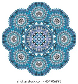 Mandala flower decoration, oriental pattern, isolated design element. Zentangle style decor for coloring book page. Vector geometric floral background. Tribal ethnic arabic, indian, turkish ornament