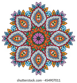 Mandala flower decoration, oriental pattern, isolated design element. Zentangle style decor for coloring book page. Vector geometric floral background. Tribal ethnic arabic, indian, turkish ornament