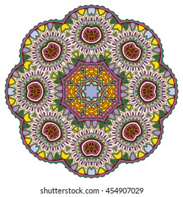 Mandala flower decoration, oriental pattern, isolated design element. Zentangle style decor for coloring book page. Vector geometric floral background. Tribal ethnic arabic, indian, turkish ornament