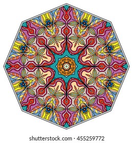 Mandala flower decoration, oriental pattern, isolated design element. Zentangle style decor for coloring book page. Vector geometric floral background. Tribal ethnic arabic, indian, turkish ornament