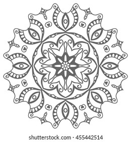 Mandala flower decoration, oriental pattern, isolated design element. Zentangle style decor for coloring book page. Tribal ethnic floral mandala round ornament. Black and white geometric background