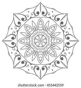 Mandala flower decoration, oriental pattern, isolated design element. Zentangle style decor for coloring book page. Tribal ethnic floral mandala round ornament. Black and white geometric background