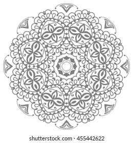 Mandala flower decoration, oriental pattern, isolated design element. Zentangle style decor for coloring book page. Tribal ethnic floral mandala round ornament. Black and white geometric background