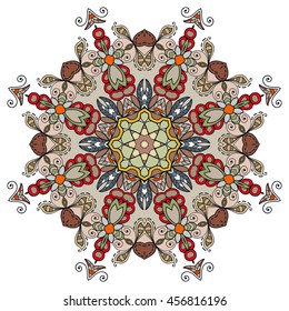 Mandala flower decoration, oriental pattern, isolated design element. Zentangle style decor for coloring book page. Vector geometric floral background. Tribal ethnic arabic, indian, turkish ornament
