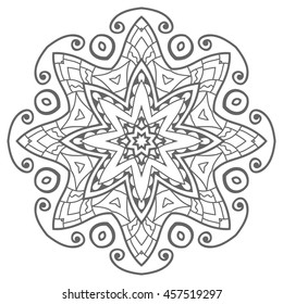 Mandala flower decoration, oriental pattern, isolated design element. Zentangle style decor for coloring book page. Tribal ethnic floral mandala round ornament. Black and white geometric background