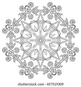 Mandala flower decoration, oriental pattern, isolated design element. Zentangle style decor for coloring book page. Tribal ethnic floral mandala round ornament. Black and white geometric background