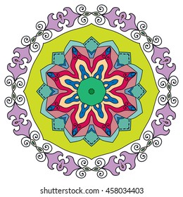 Mandala flower decoration, oriental pattern, isolated design element. Zentangle style decor for coloring book page. Vector geometric floral background. Tribal ethnic arabic, indian, turkish ornament