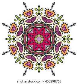 Mandala flower decoration, oriental pattern, isolated design element. Zentangle style decor for coloring book page. Vector geometric floral background. Tribal ethnic arabic, indian, turkish ornament