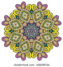 Mandala flower decoration, oriental pattern, isolated design element. Zentangle style decor for coloring book page. Vector geometric floral background. Tribal ethnic arabic, indian, turkish ornament