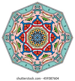 Mandala flower decoration, oriental pattern, isolated design element. Zentangle style decor for coloring book page. Vector geometric floral background. Tribal ethnic arabic, indian, turkish ornament