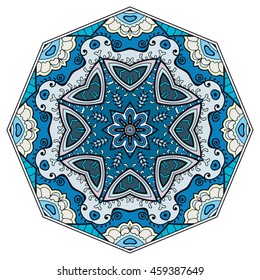Mandala flower decoration, oriental pattern, isolated design element. Zentangle style decor for coloring book page. Vector geometric floral background. Tribal ethnic arabic, indian, turkish ornament