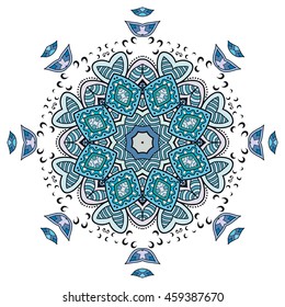 Mandala flower decoration, oriental pattern, isolated design element. Zentangle style decor for coloring book page. Vector geometric floral background. Tribal ethnic arabic, indian, turkish ornament