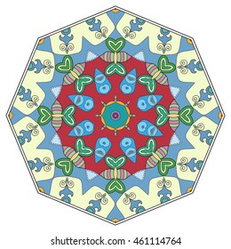 Mandala flower decoration, oriental pattern, isolated design element. Zentangle style decor for coloring book page. Vector geometric floral background. Tribal ethnic arabic, indian, turkish ornament