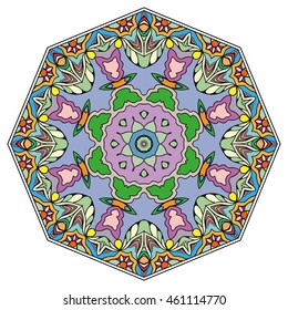 Mandala flower decoration, oriental pattern, isolated design element. Zentangle style decor for coloring book page. Vector geometric floral background. Tribal ethnic arabic, indian, turkish ornament