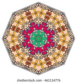 Mandala flower decoration, oriental pattern, isolated design element. Zentangle style decor for coloring book page. Vector geometric floral background. Tribal ethnic arabic, indian, turkish ornament