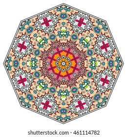 Mandala flower decoration, oriental pattern, isolated design element. Zentangle style decor for coloring book page. Vector geometric floral background. Tribal ethnic arabic, indian, turkish ornament