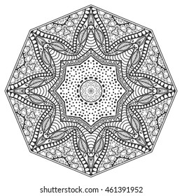 Mandala flower decoration, oriental pattern, isolated design element. Zentangle style decor for coloring book page. Tribal ethnic floral mandala round ornament. Black and white geometric background